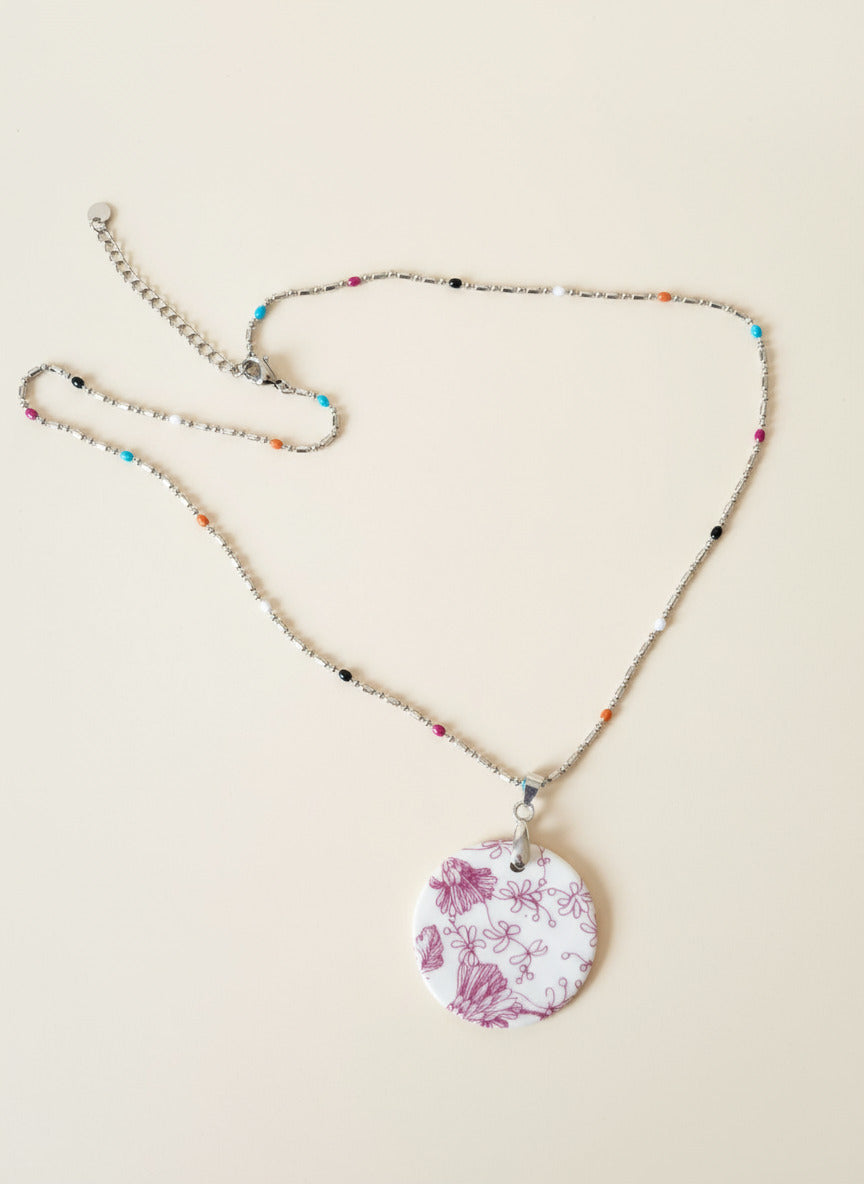 Pink Dainty Flowers on Ceramic Pendant