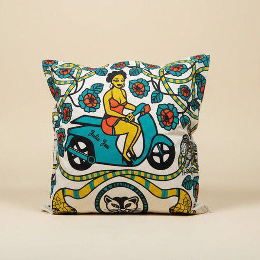 Turquoise Scooter Girl Pillow Cover