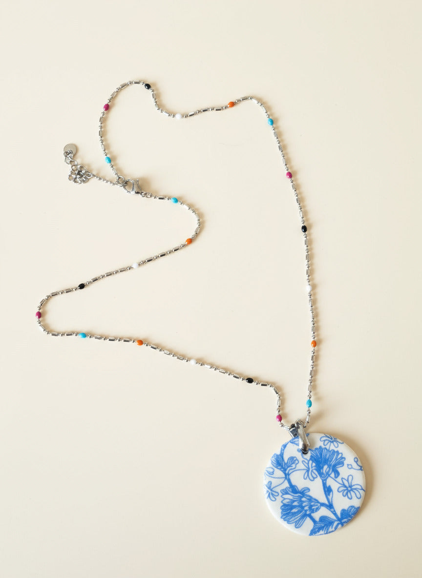 Blue Dainty Flowers on Ceramic Pendant
