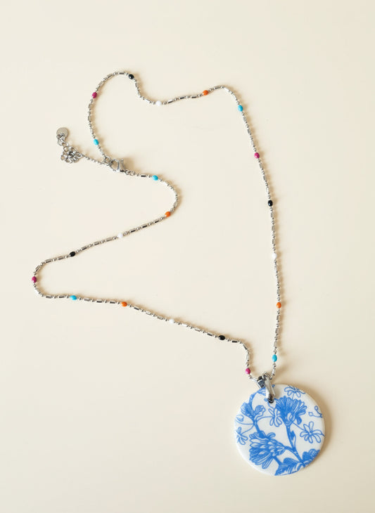 Blue Dainty Flowers on Ceramic Pendant