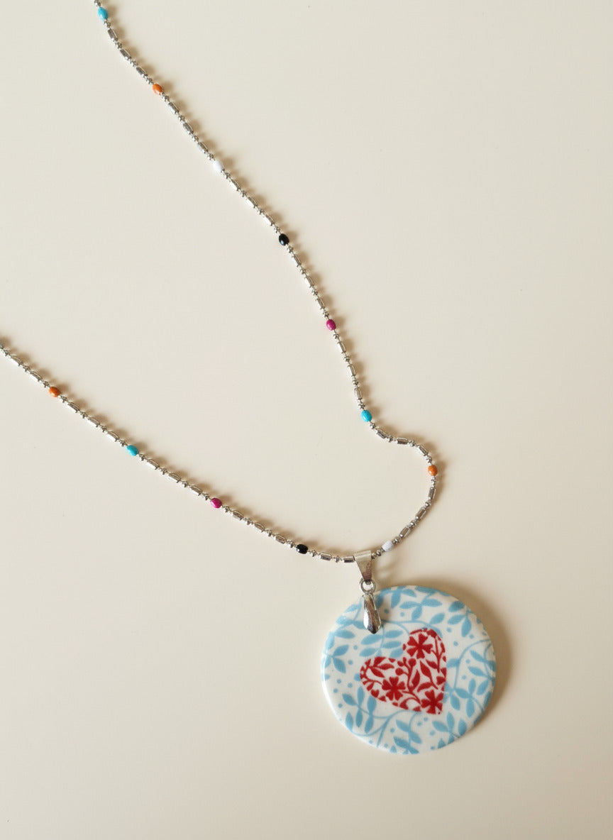 Red Heart on Light Blue Ceramic Pendant