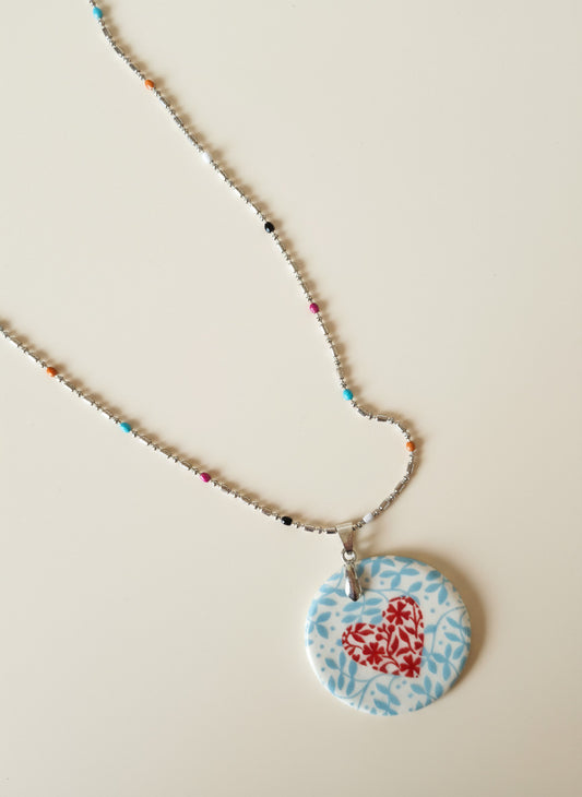 Red Heart on Light Blue Ceramic Pendant
