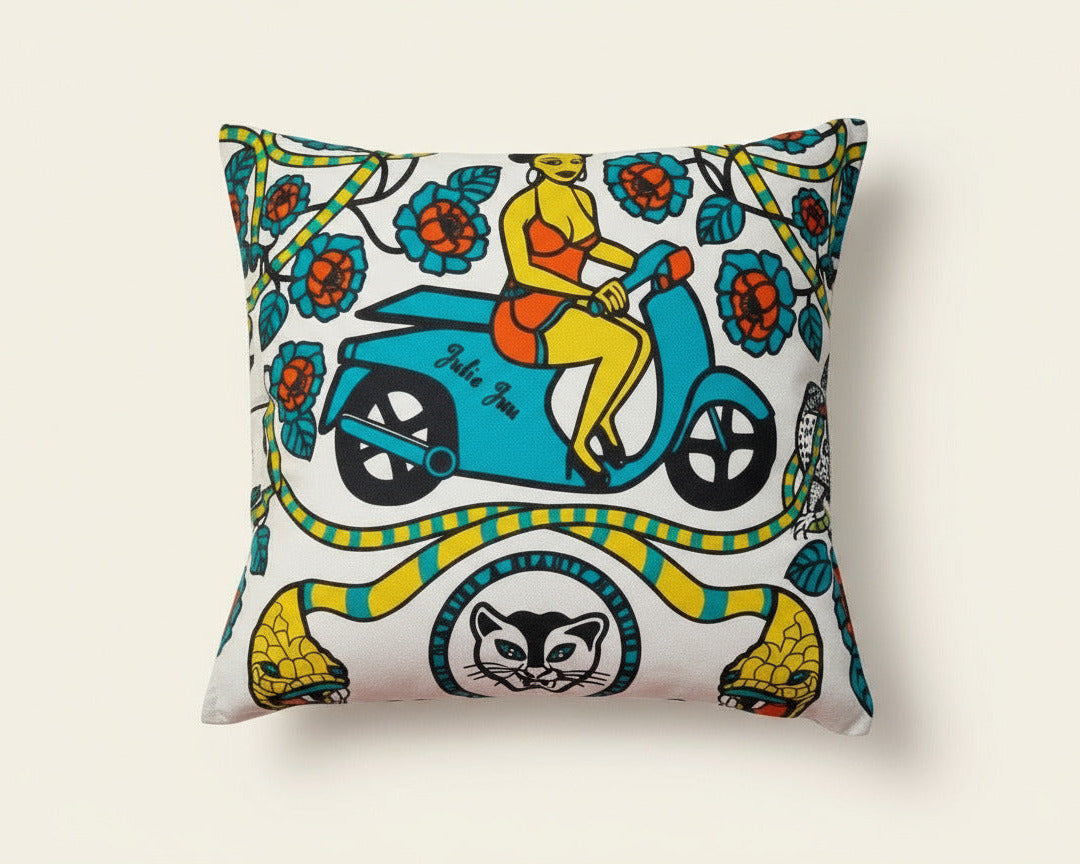Turquoise Scooter Girl Pillow Cover